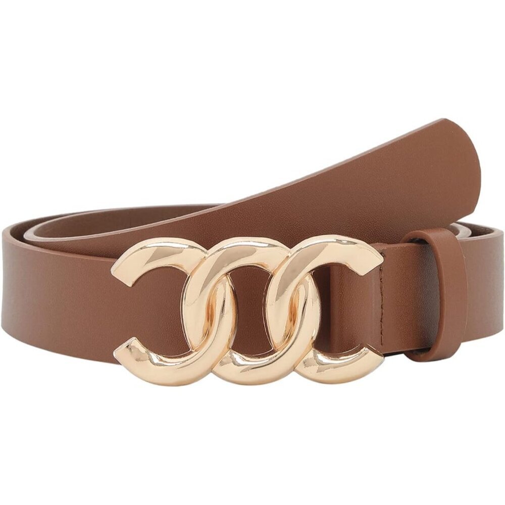 Women Faux Leather Belt for Jeans and Dresses with Gold Buckle